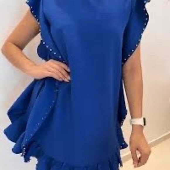 glam Dresses & Skirts - Glam Dress Womens Size M Royal Blue Studded Ruffle Trim Shift Mini